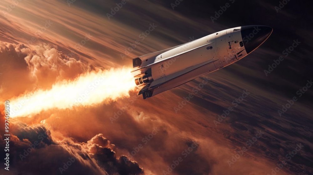 Poster a sleek rocket ascends into the twilight sky, surrounded by vibrant clouds that capture the glow of 
