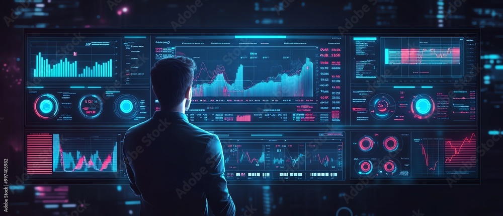 Aufkleber Businessman with business analytics and data management system on virtual screen Business data analytics and process automation management with icon of KPI financial charts and gra