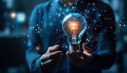 Biotechnology concept, research, development, innovation, advancing smart solutions from digital technology Businessman hold light bulb with biotechnology icon on virtual screen