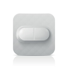 Vector Realistic White Pharmaceutical Medical Pill, Vitamins, Capsule in Blister Closeup Isolated. Pill in Blister Packaging Design Template. Front View. Medicine, Health Concept