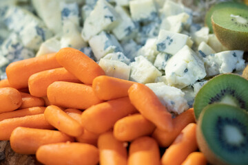 table with food breads, fruits cheeses party decoration healthy foods