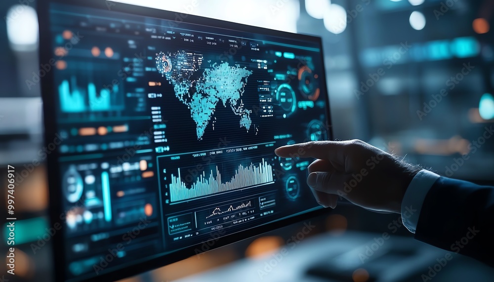 Aufkleber Businessman show data management system on virtual screen to make report with KPI and metrics connected to database finance