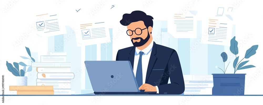 Poster businessman use laptop to paperless online approval, business process workflow illustrating manageme