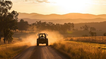 Fototapeta premium A farmer driving an old tractor down a dusty country road, with the sun setting behind the hills