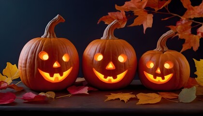 Fototapeta premium Decorative Halloween pumpkins with carved faces, autumn leaves, and a lantern