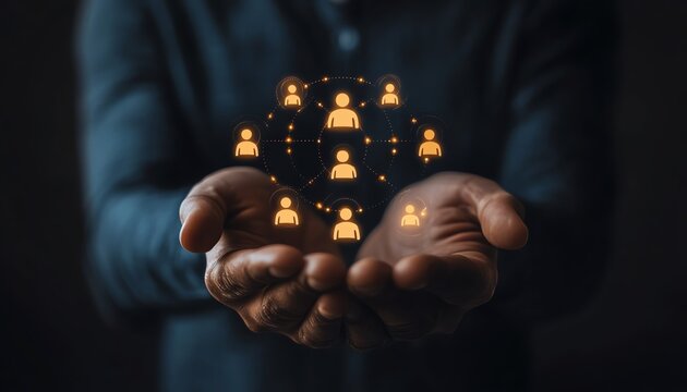 Customer relationship management concept Target audience, marketing plan and strategies Businessman holding target icon linked with human icons for customer focus group