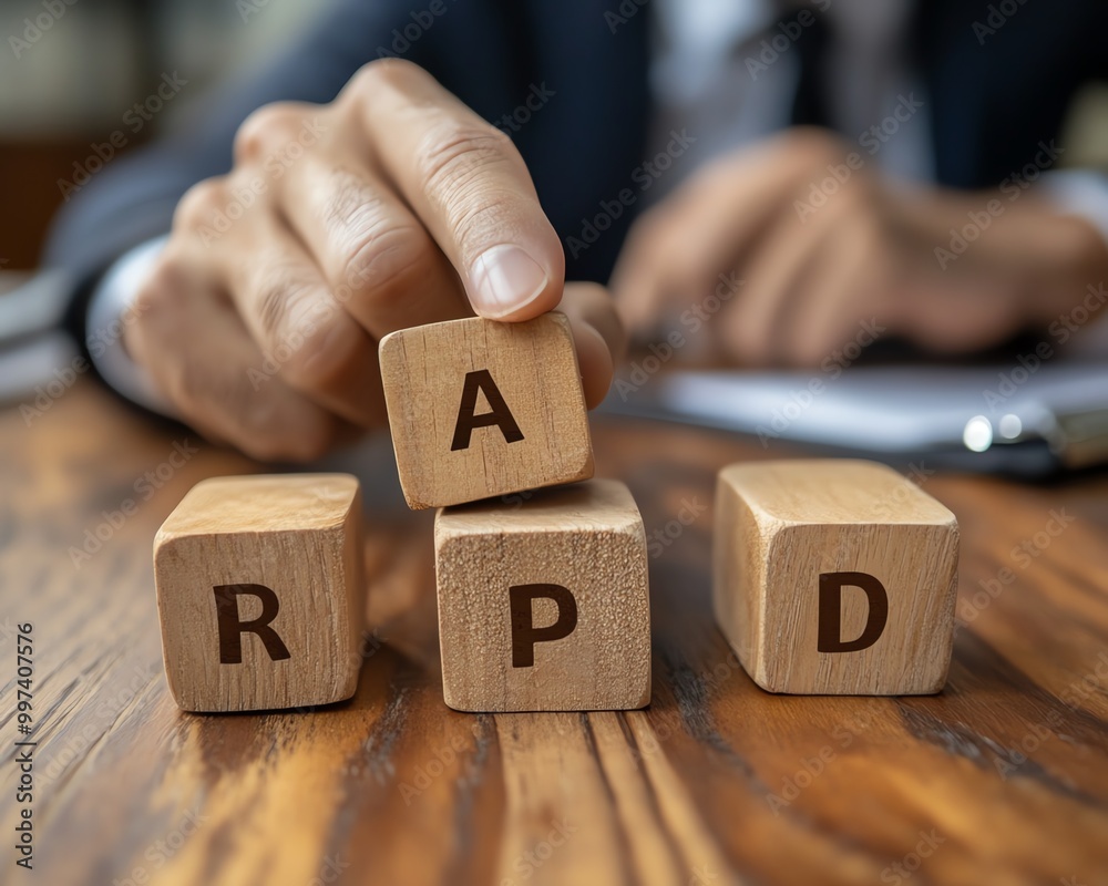 Poster Option to approve or reject on wooden blocks with businessman working in background Document approval , project assessment evaluation acceptance, and quality assurance