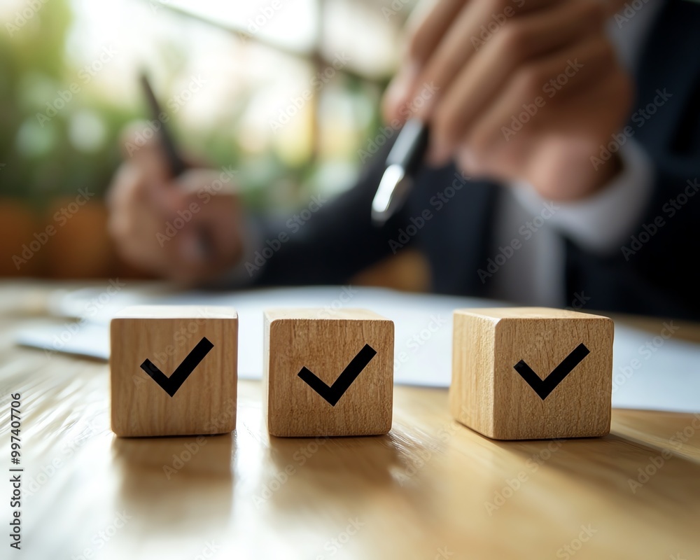 Poster Option to approve or reject on wooden blocks with businessman working in background Document approval , project assessment evaluation acceptance, and quality assurance