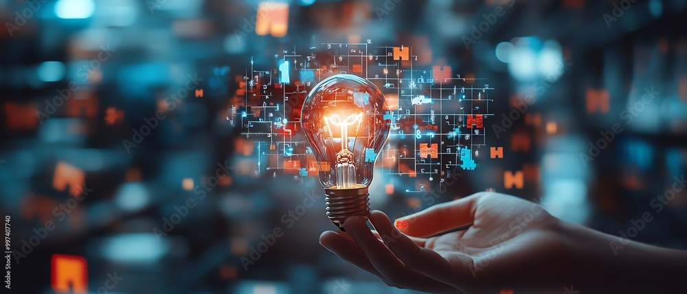 Aufkleber Problem solving strategy technique and solution concept, Person holding light bulb with jigsaw icon on virtual screen