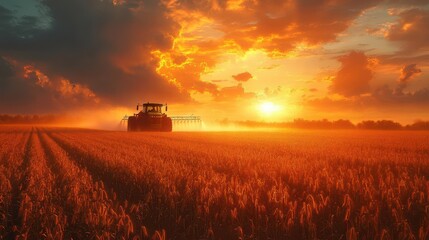 Fototapeta premium a tractor in a sprawling soybean field spraying a fine mist of pesticide with a vibrant sky overhead showcasing the intersection of agriculture and technology dynamic composition
