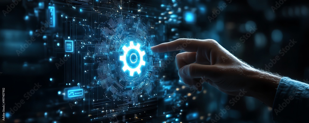Poster RPA, Business robotic process automation concept Person with gear icon on virtual screen for improve productivity and management efficiency
