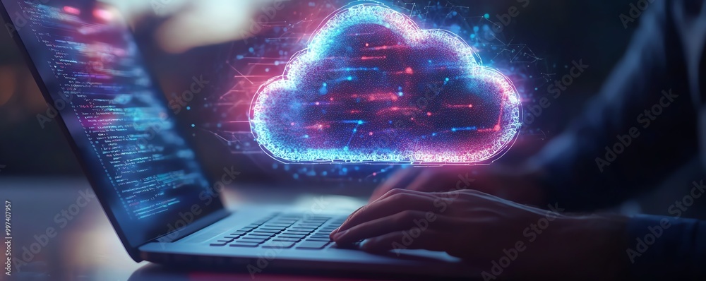 Poster Secure access to data on cloud Person use laptop with cloud computing technology that provides online network services, applications, server systems, Storage, networking