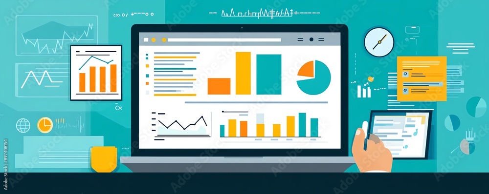 Poster Analytics business concept Analyst use laptop analyzing sales data and financial growth graph chart report database
