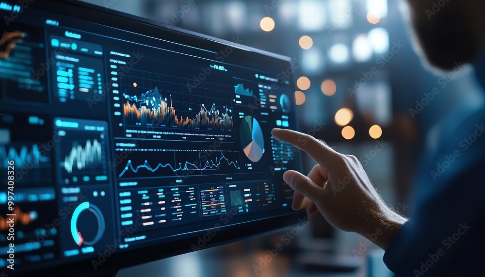 Poster Businessman show data management system on virtual screen to make report with KPI and metrics connected to database finance