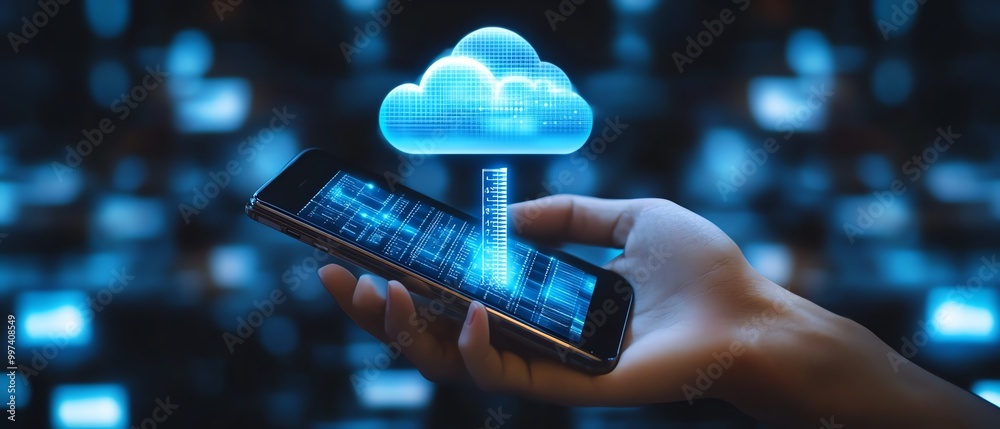 Poster Download processing data concept Downloading data from cloud storage Person using smartphone with downloading bar on virtual screen for download files