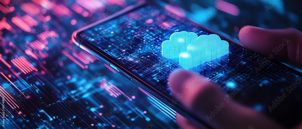 Aufkleber Download processing data concept Downloading data from cloud storage Person using smartphone with downloading bar on virtual screen for download files