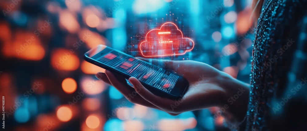 Aufkleber Download processing data concept Downloading data from cloud storage Person using smartphone with downloading bar on virtual screen for download files