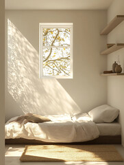 A bedroom with a white bed and a window with a tree outside