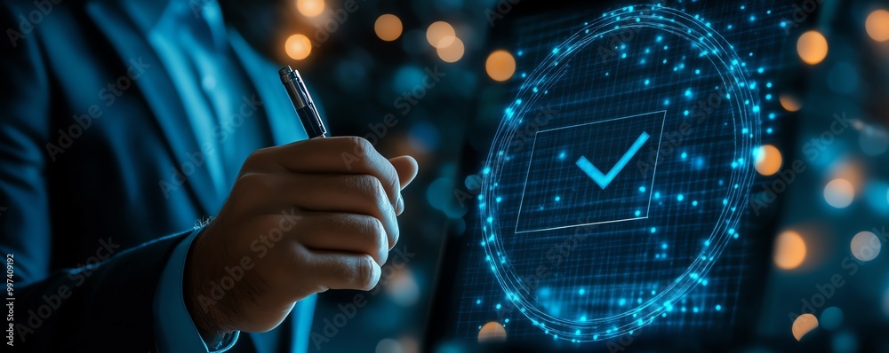 Aufkleber Quality document control checklist and business approve project concept Businessman ticking correct sign mark in electronic document on virtual screen