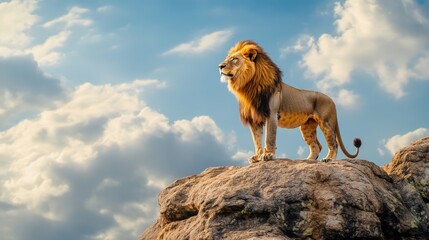 Majestic lion on rocky outcrop, surveying vast terrain, embodying strength and regal presence, symbol of wilderness and natural majesty in its habitat.