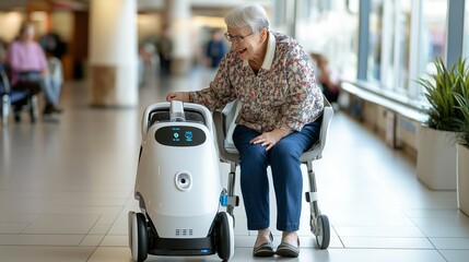 Robot aiding patients enhancing mobility independence through technology. AI generated