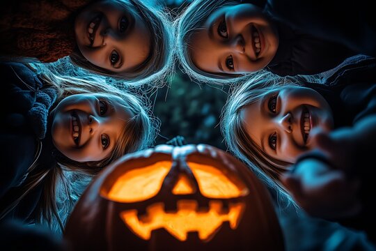 Camera angled down looking at a young group of tricker treaters on Halloween : Generative AI