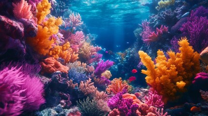 Vibrant Coral Reef Ecosystem, showcasing a diverse array of colorful corals, tropical fish, and crystal-clear waters, highlighting the beauty and richness of marine life.