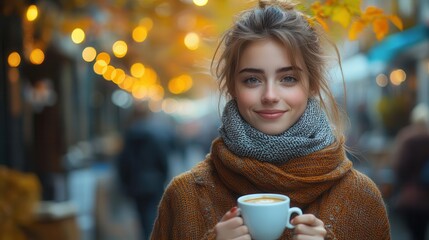 a young woman wrapped in a cozy scarf savoring a warm cup of coffee on a bustling street surrounded by vibrant fall leaves and a charming atmosphere