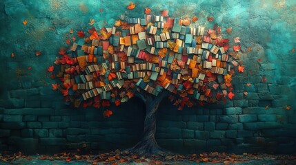 a whimsical tree adorned with colorful books as leaves celebrating international literacy day with a vibrant backdrop symbolizing knowledge and growth