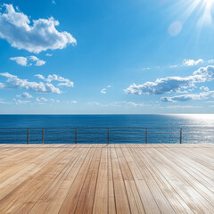 Obraz premium serene wooden deck overlooking vast blue sea under bright sky filled with fluffy clouds. sunlight reflects off water, creating tranquil atmosphere