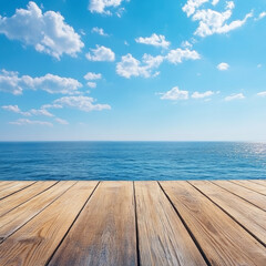 serene wooden deck extends over tranquil blue sea under bright sky filled with fluffy clouds, creating peaceful and inviting atmosphere