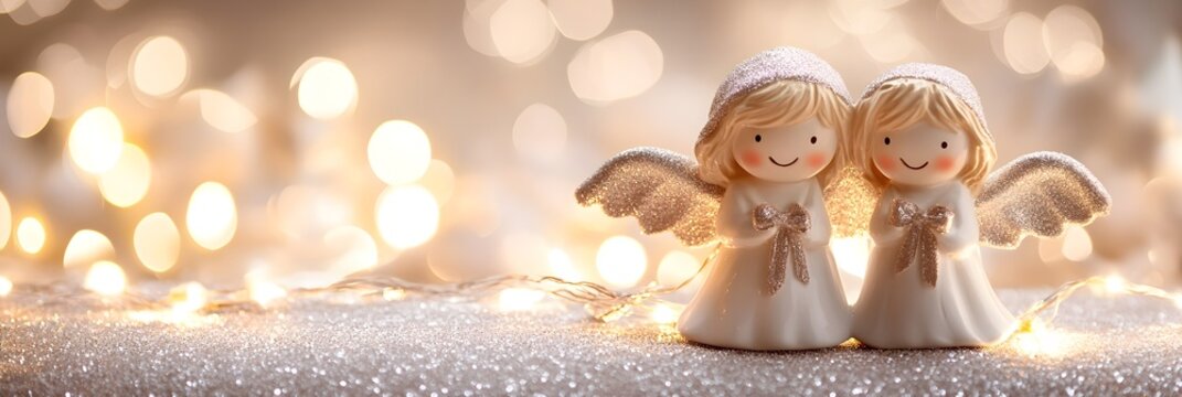Cute christmas angels with lights and copy space