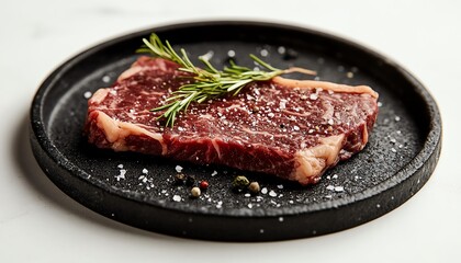 A piece of Hanwoo ribeye steak placed on a rough black plate with white background