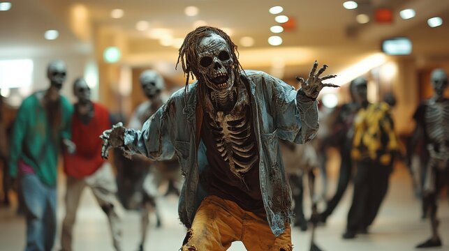 Zombies and skeletons doing a flash mob dance in a shopping mall