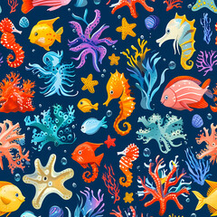 Seamless pattern, Illustration of undersea creatures, suitable for fabric design
