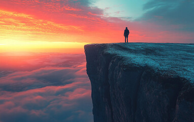 Fototapeta premium A man stands on a cliff overlooking a beautiful sunset