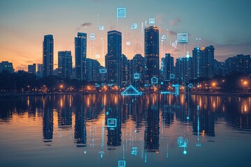 Fototapeta premium Futuristic cityscape with glowing icons reflecting on water.