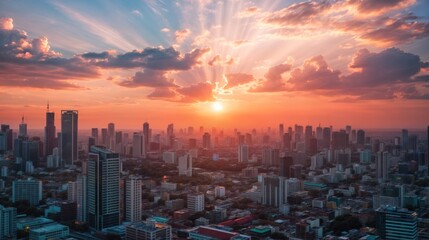 Fototapeta premium A city skyline bathed in a vibrant sunset, with dramatic sun rays piercing through clouds, highlighting the urban landscape below..