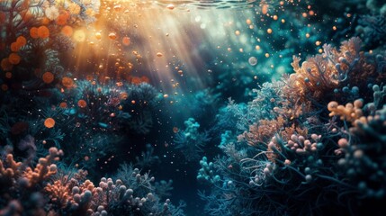 Obraz premium A vibrant underwater scene of coral reefs with colorful particles floating and sun rays penetrating the ocean surface, illuminating the marine life..