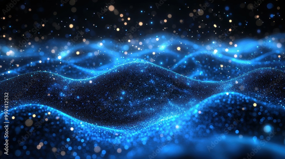 Poster glowing blue particles flowing in abstract patterns. digital network concept