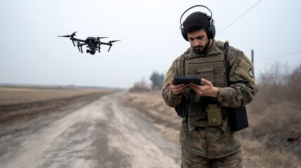 Soldier controlling drone from distance, showcasing modern warfare technology. AI generated