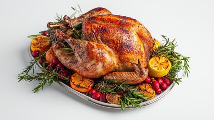 A beautifully roasted turkey garnished with herbs and fruits, perfect for festive meals.