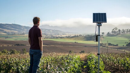 A farmer standing beside a solar-powered weather station in the middle of a large farm