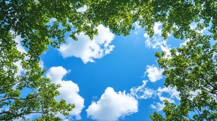Fototapeta premium Fluffy white clouds float in a bright blue sky, perfectly framed by vibrant green tree branches reaching toward the heavens on a sunny day