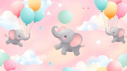 Cute elephants flying with balloons in a pastel sky.