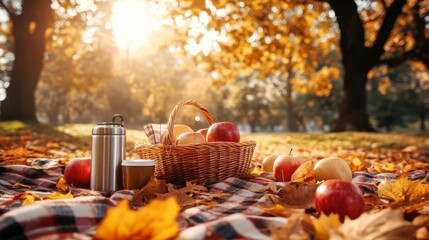 A cozy autumn picnic unfolds in a park, featuring a basket filled with fresh apples and a thermos, surrounded by colorful fall foliage and warm sunlight