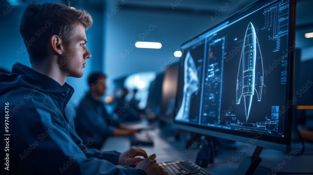 Poster A young engineer focuses intently on designing a rocket in a well-lit, modern workspace. Colleagues work diligently at their own monitors in the background, emphasizing teamwork and innovation.