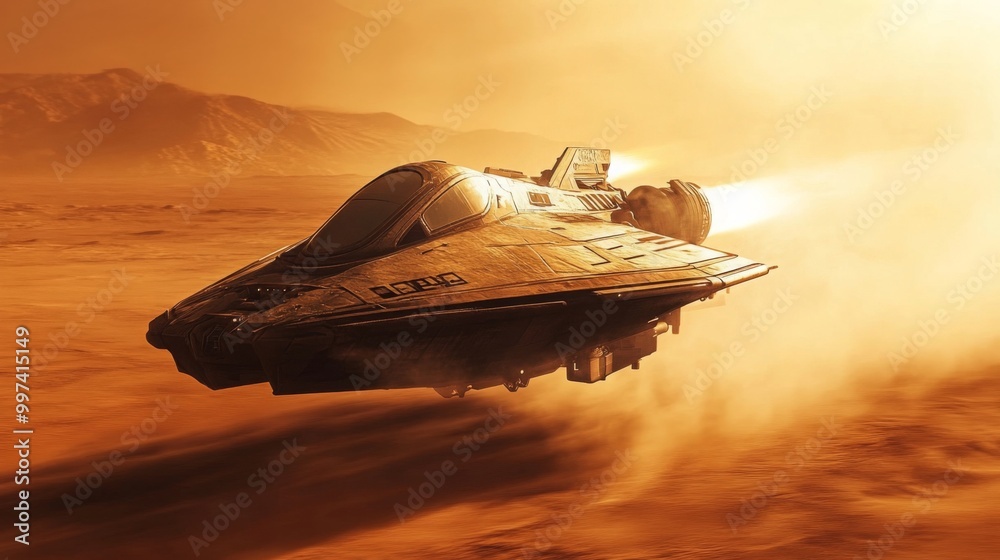 Poster the sleek spacecraft zips across the dusty, orange surface of mars, leaving behind a trail of dust a