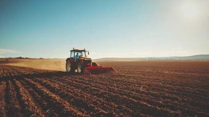 Fototapeta premium A farmer tilling a field with a tractor, turning over rich, dark soil under a clear blue sky