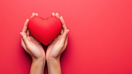 Hands holding a red heart on a pink background.
